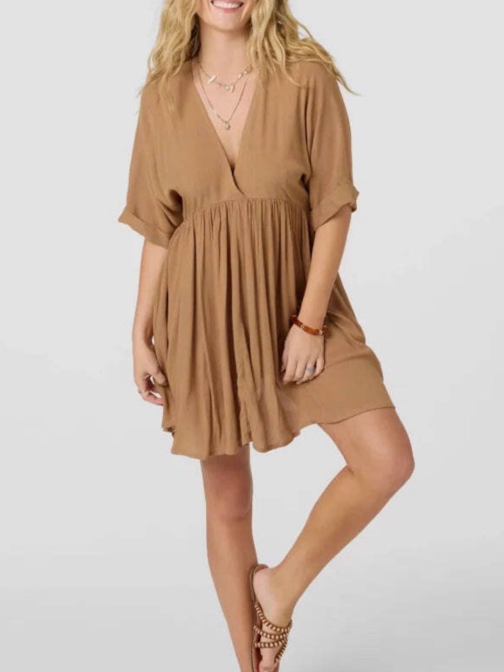 O'Neill Camel Tan V-Neck Midi Dress